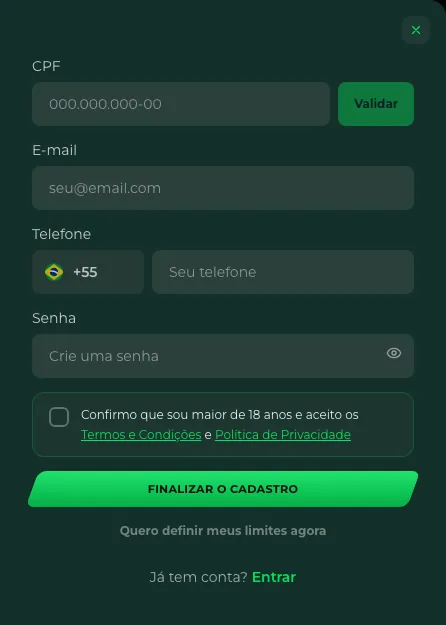 Formulário de cadastro da Vera Bet: CPF com botão Validar, e-mail, telefone, senha e aceite dos termos