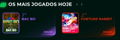 Faixa «Os mais jogados hoje» no site da Vera Bet: Bac Bo e Fortune Rabbit